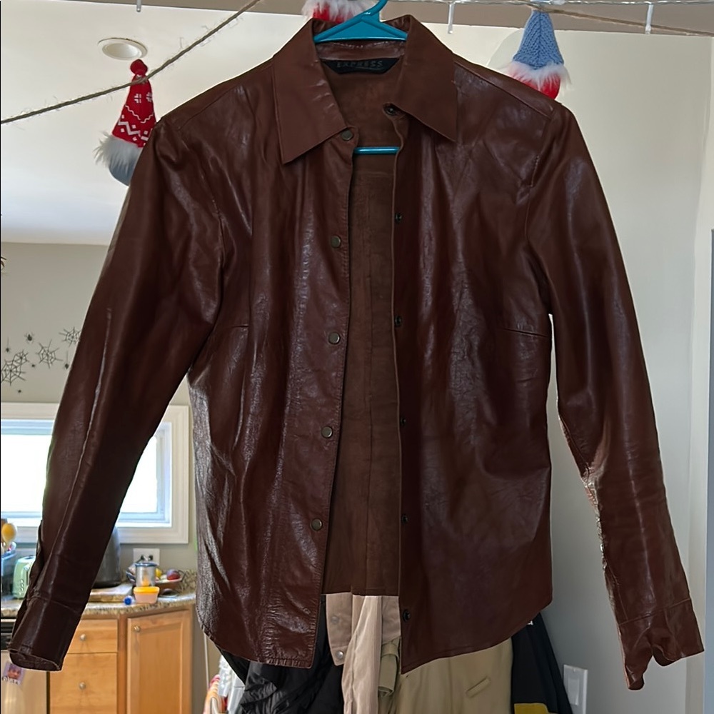Express Brown Leather Jacket Fitted Motorcycle Style